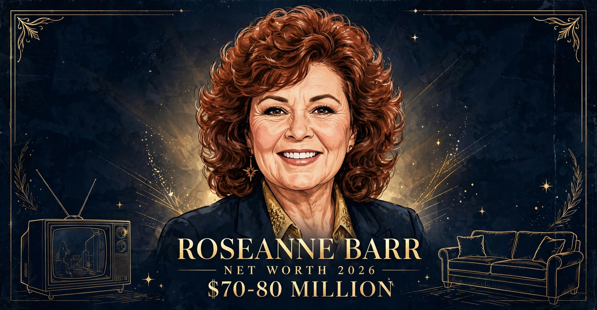 Roseanne Barr net worth 2026 — estimated $70 to $80 million fortune infographic