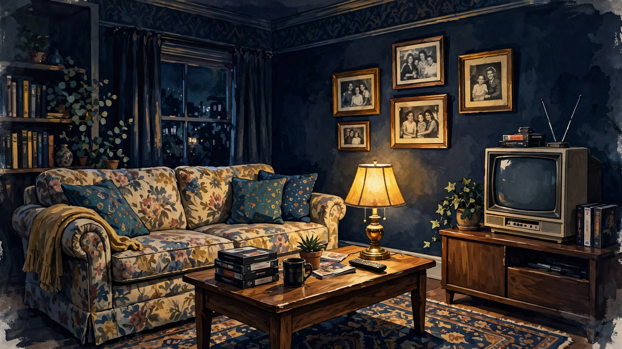 Illustrated cozy 1990s sitcom living room with floral couch and vintage television in navy and gold, representing the original Roseanne sitcom that built Barr's fortune