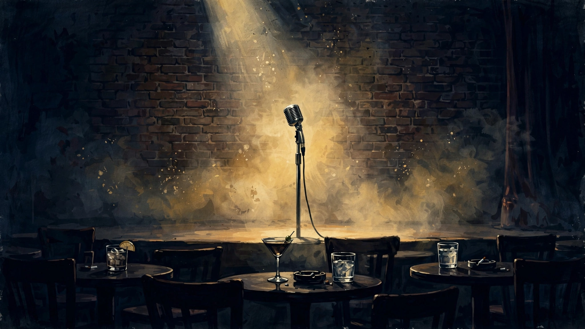 Illustrated 1980s comedy club stage with a lone vintage microphone under a spotlight in navy and gold, representing Roseanne Barr's stand-up comedy origins