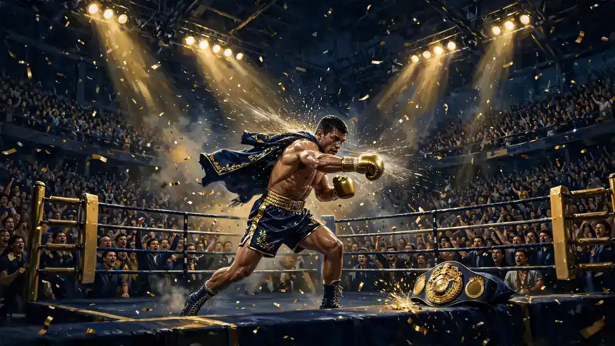 Illustrated scene of Ryan Garcia's sold-out title fight at a Las Vegas arena in 2026