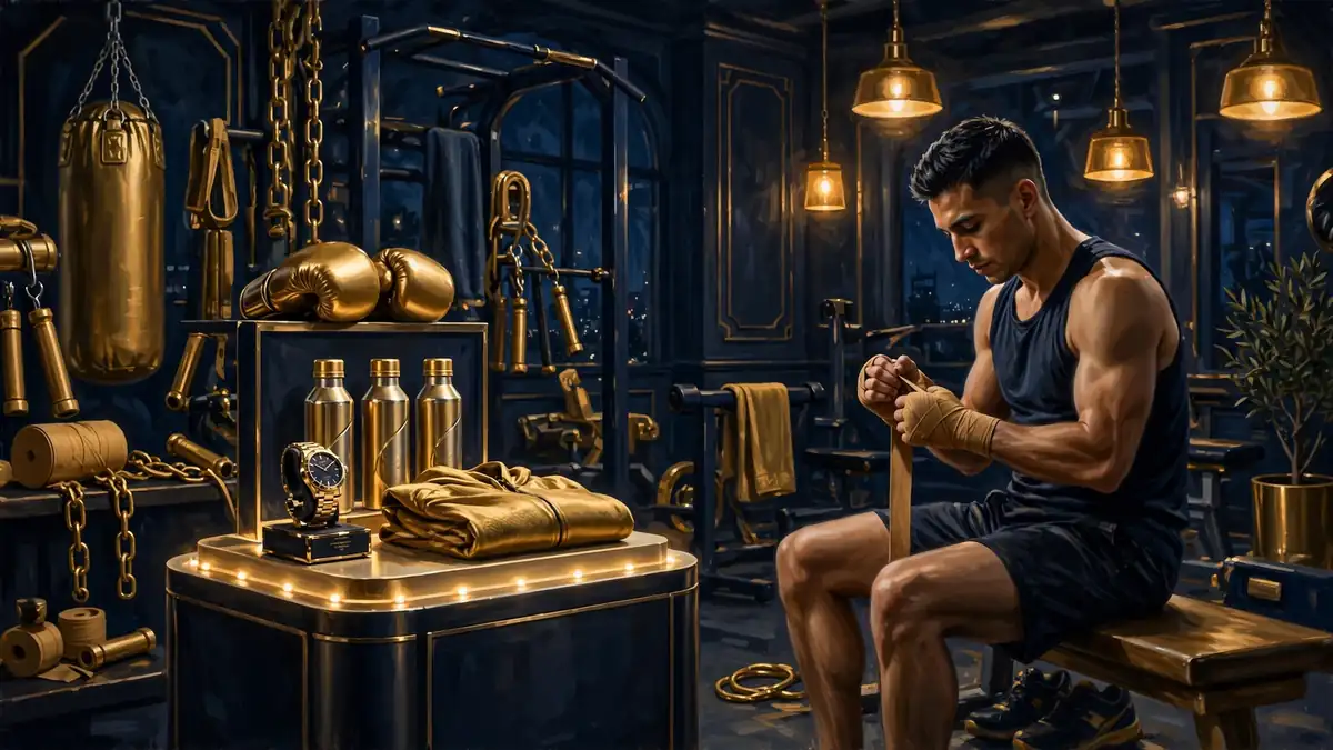 Illustrated scene of a boxer's sponsorship and training setup with branded gear in gold tones