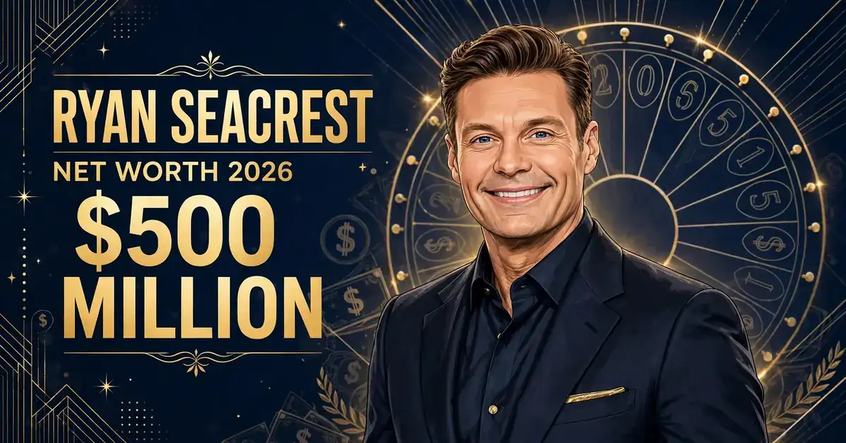 Ryan Seacrest net worth 2026 — stylized illustrated portrait of the television host with RYAN SEACREST NET WORTH 2026 $500 MILLION text