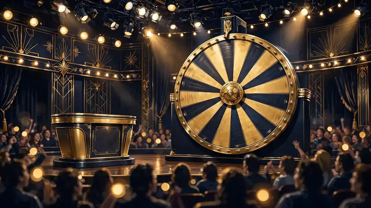 Illustrated television game-show stage with a large gold and navy prize wheel, host podium, bright studio lights and an audience