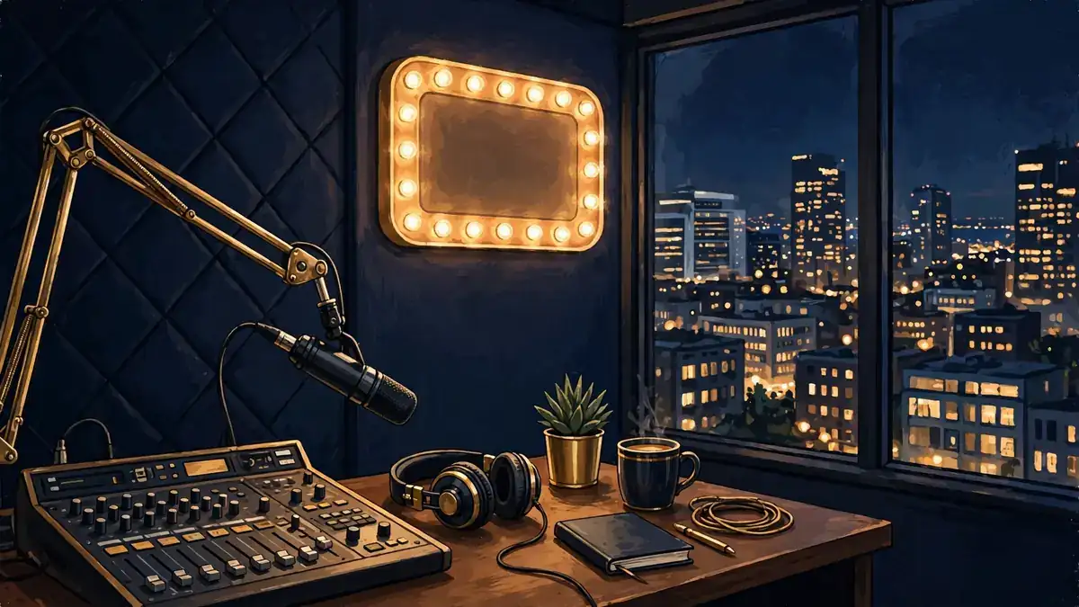Illustrated modern radio broadcast studio at night with a professional microphone, headphones, mixing desk and city lights through the window