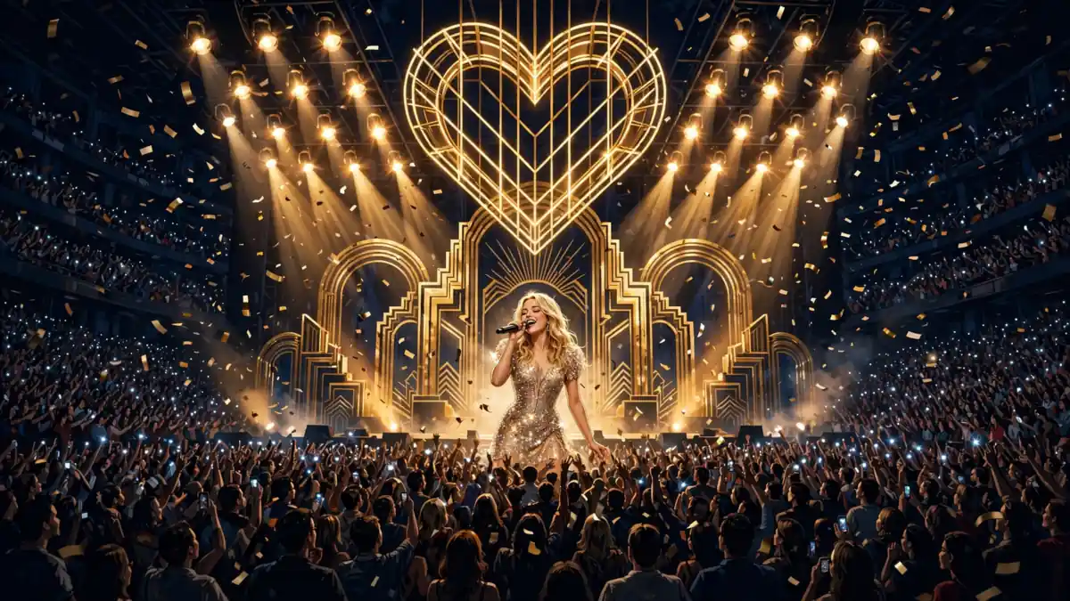 Illustrated Sabrina Carpenter arena concert at 27 — golden Short n' Sweet-style stage with cheering crowd