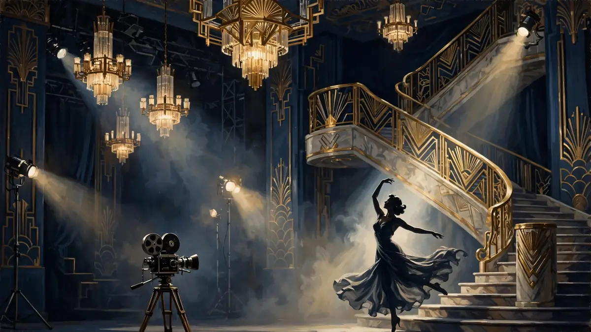 Golden-age Hollywood musical illustration — art-deco film stage with a dancer, nodding to Sabrina Carpenter's 2026 Ginger Rogers role
