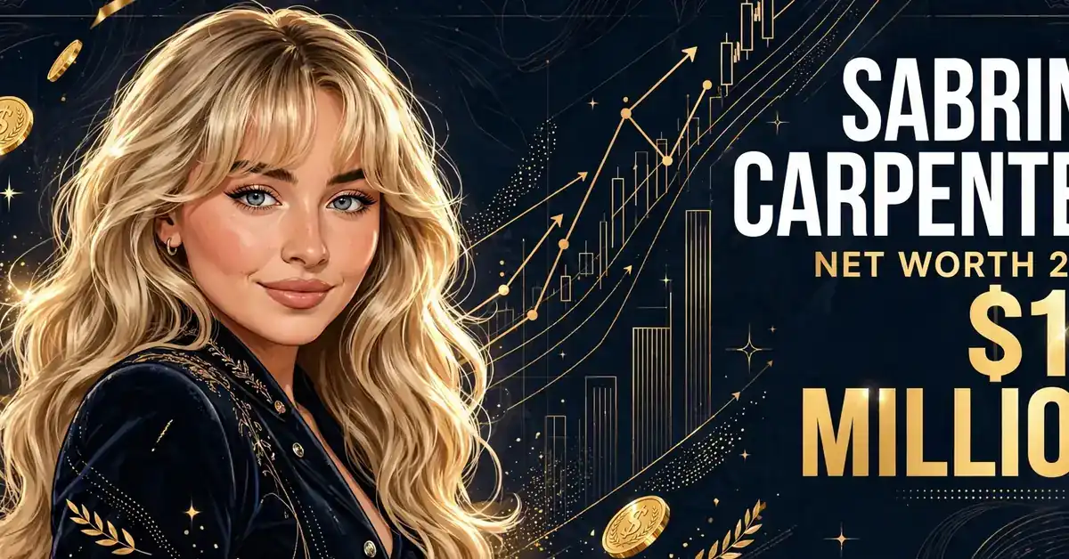 Sabrina Carpenter net worth 2026 — estimated $13 to $20 million fortune infographic