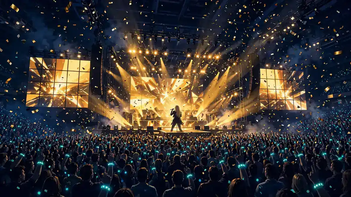 Illustration of Sabrina Carpenter's arena concert during the Short n' Sweet Tour with a packed crowd