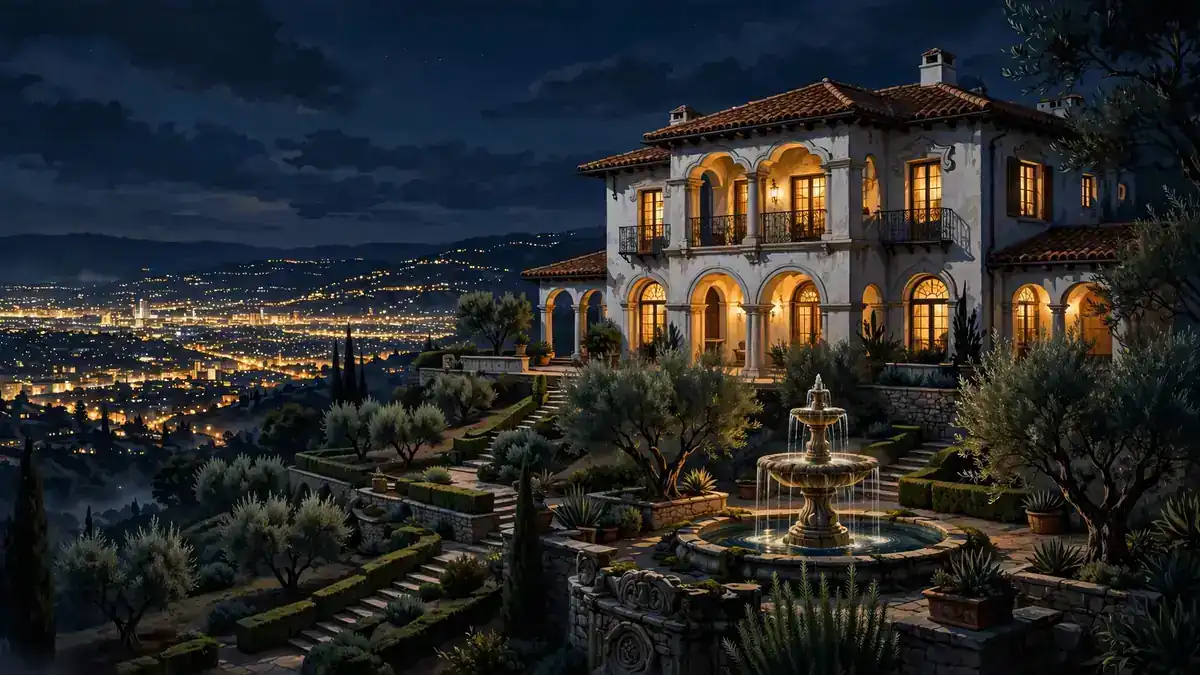 Illustration of Sabrina Carpenter's Spanish Colonial Hollywood Hills home at dusk with canyon views