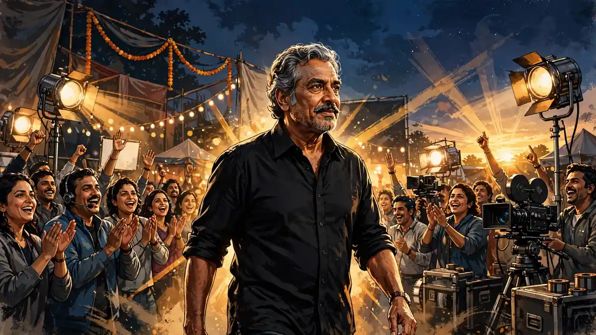 Illustrated veteran Bollywood leading man in a black shirt walking through a cheering film set at golden hour, cameras and spotlights around him