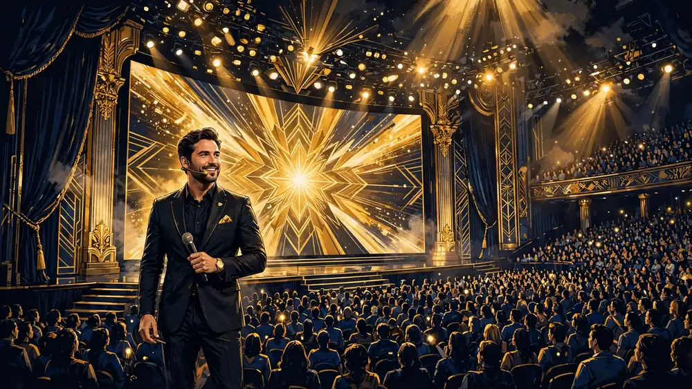 Illustrated television host in a dark suit on a grand reality-show stage with golden lights and a huge studio audience