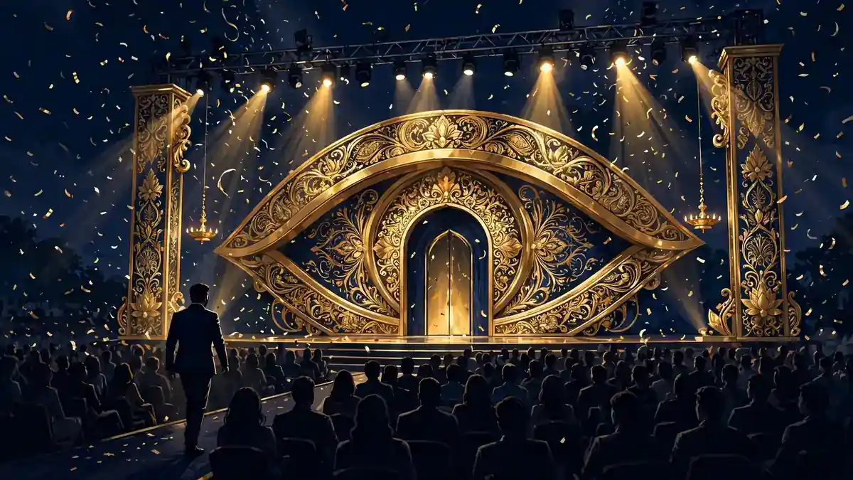 Illustrated golden Bigg Boss-style stage at night, tied to Salman Khan's television earnings