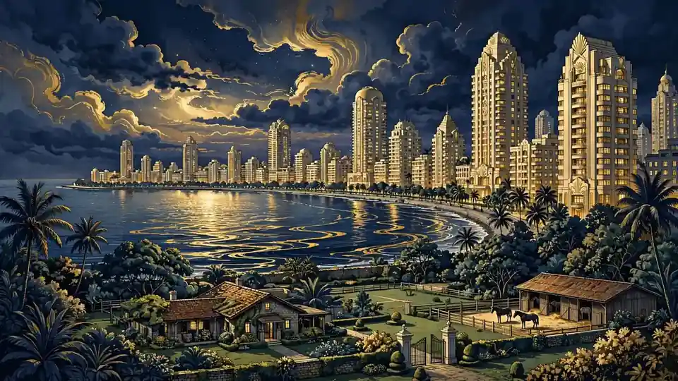 Illustrated Mumbai sea-face skyline and farmhouse estate, tied to Salman Khan's real estate portfolio