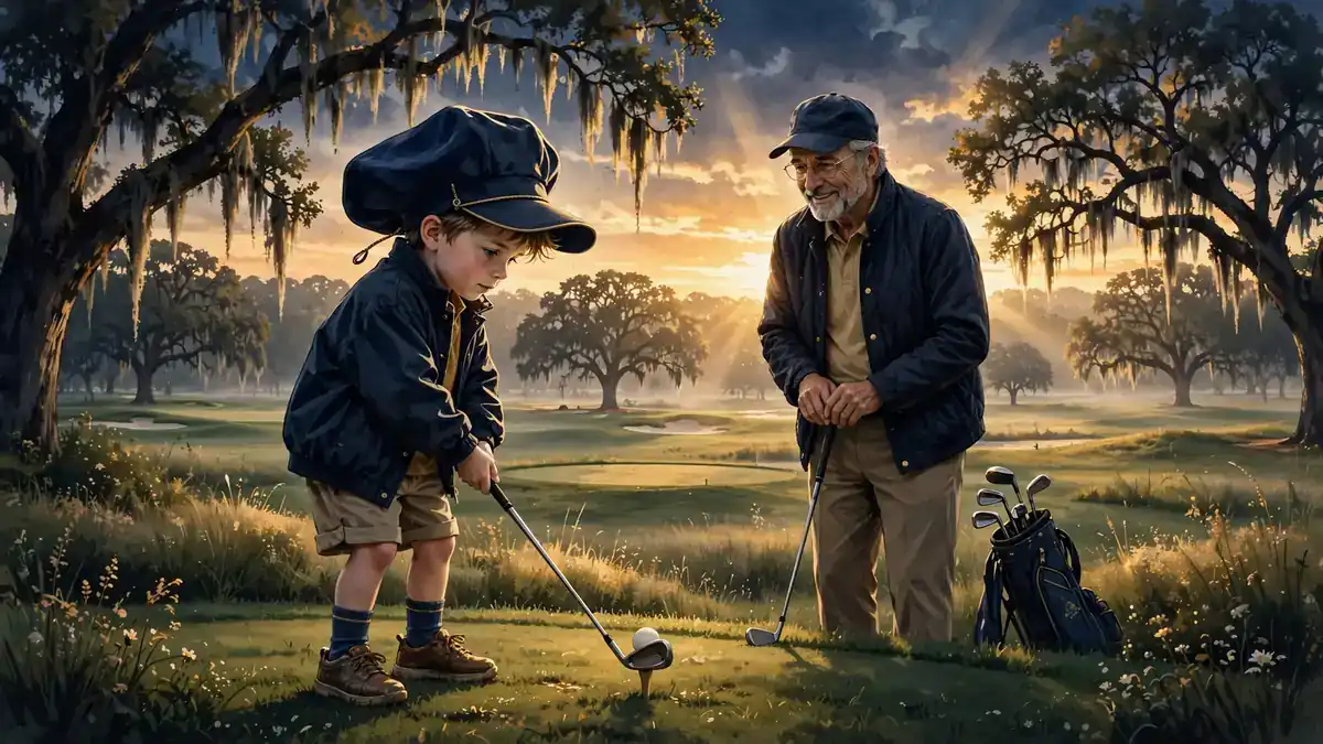 Illustrated scene of a young boy taking his first golf lesson with a coach on a Texas course at sunrise, evoking Scottie Scheffler's childhood at Royal Oaks Golf Club