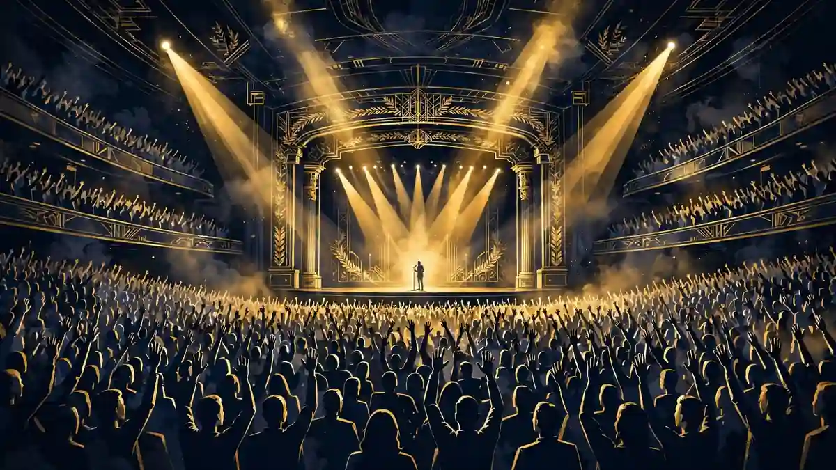 Illustrated packed arena during a Sebastian Maniscalco stand-up comedy show under golden spotlights