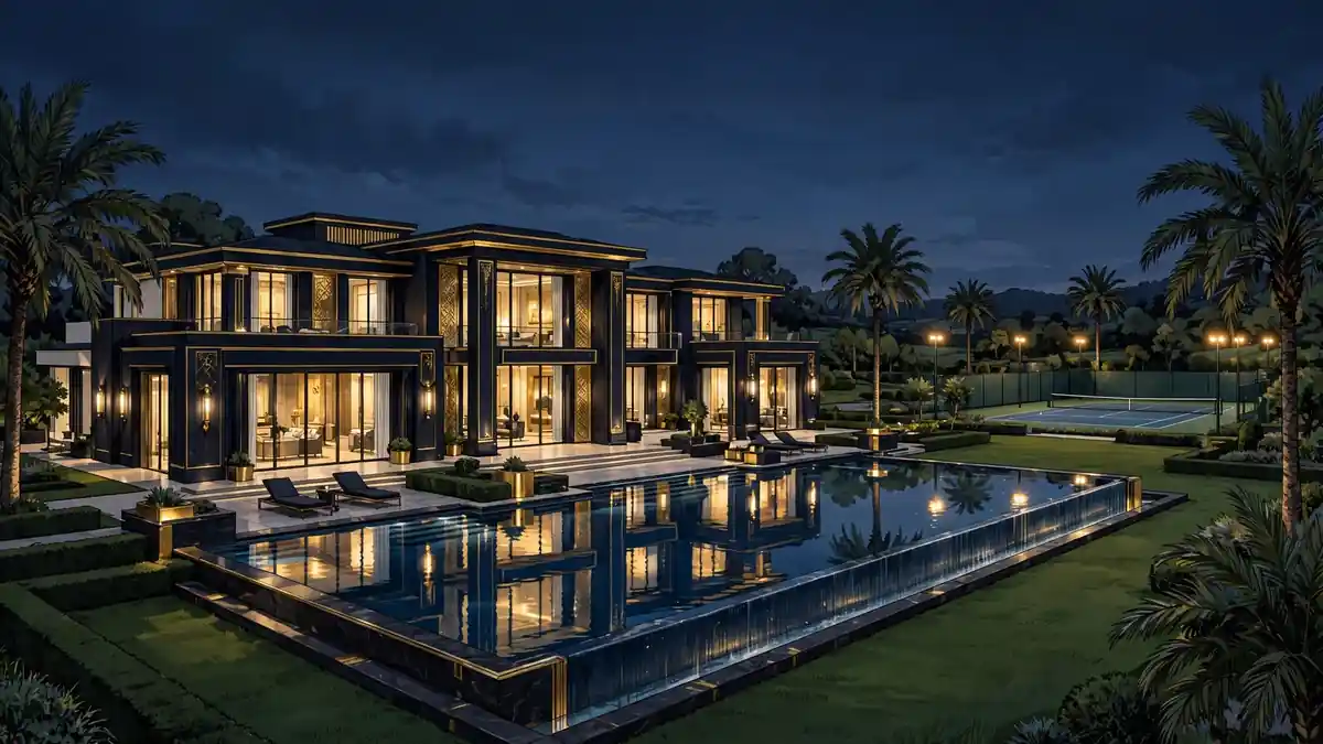 Illustrated luxury mansion at dusk with glowing windows and infinity pool, representing Sebastian Maniscalco's Studio City real estate