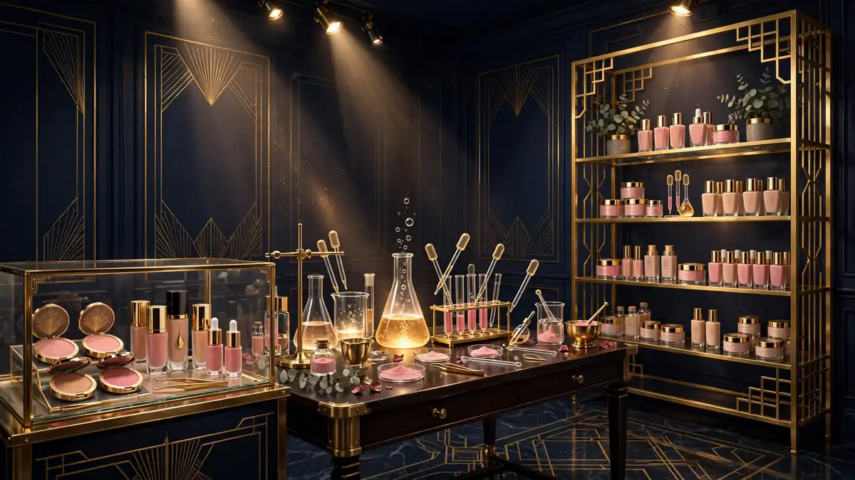 Illustrated Rare Beauty cosmetics laboratory and boutique scene — the brand behind Selena Gomez's billion-dollar fortune