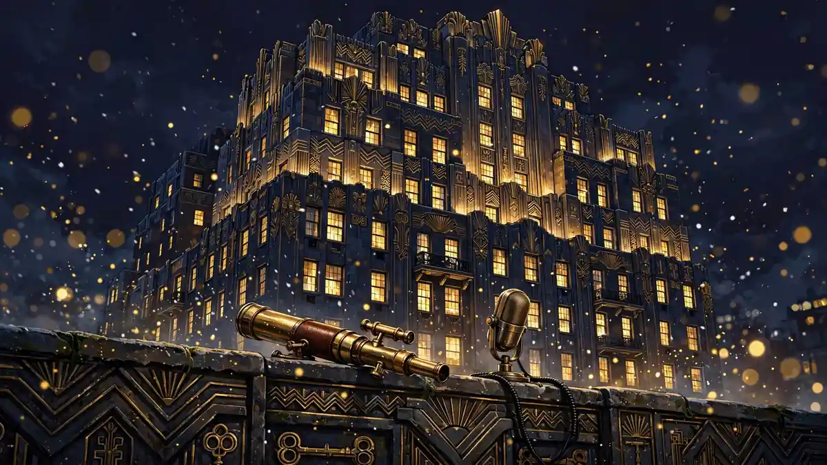 Illustrated New York art-deco apartment building at night with a brass telescope and vintage microphone — a nod to Selena Gomez's Only Murders in the Building role