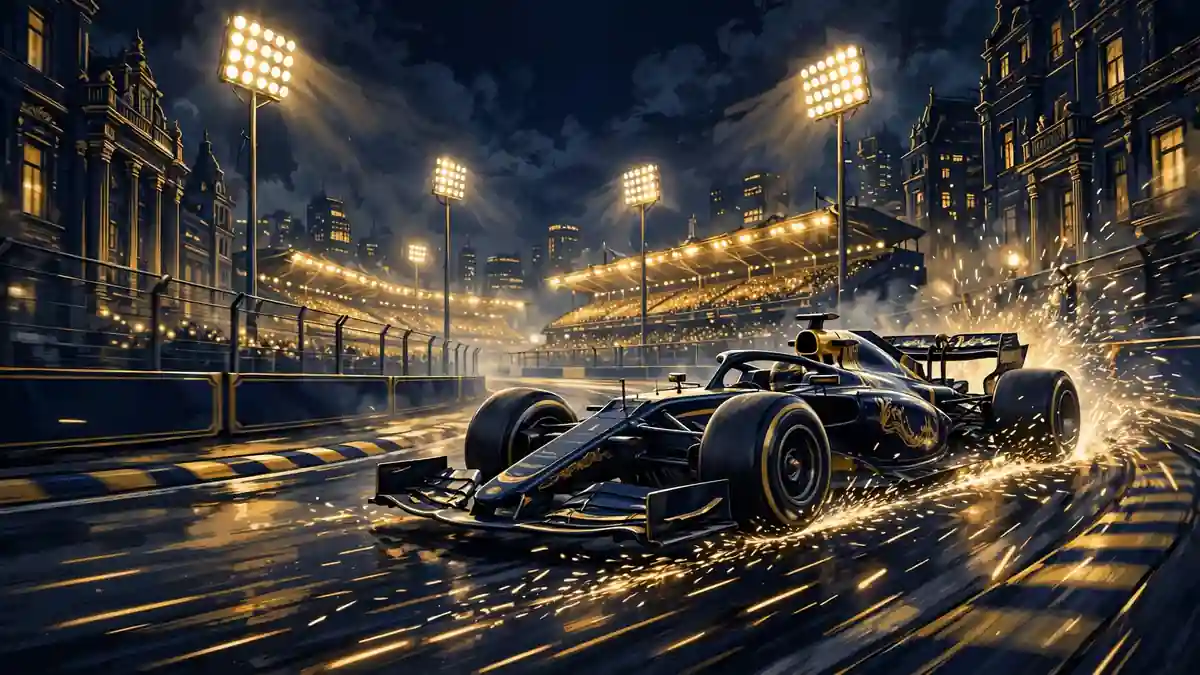 Illustrated night-time street circuit Formula 1 scene with a race car under floodlights, evoking Sergio Perez's street-circuit mastery
