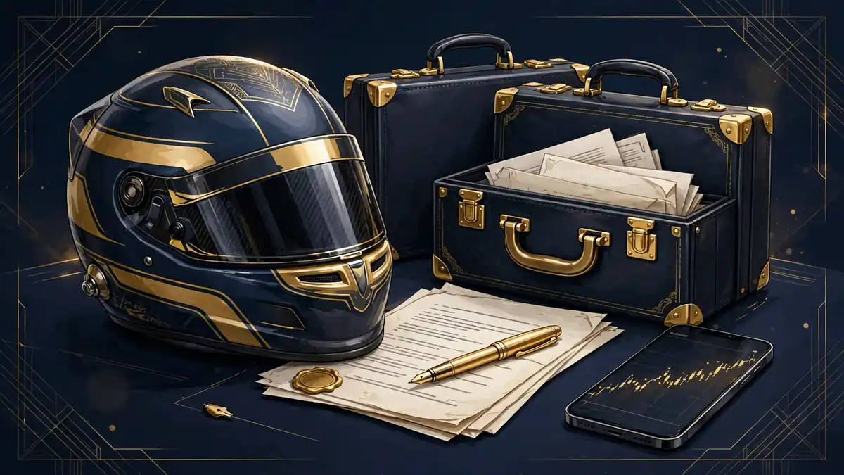 Illustrated racing helmet beside sponsor contracts and a stock chart, evoking Sergio Perez's endorsement empire