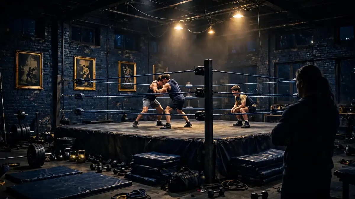 Illustrated wrestling academy training scene tied to Seth Rollins' Black and Brave school