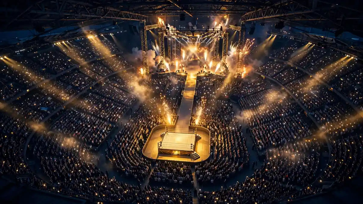 Illustrated packed wrestling arena at night tied to Seth Rollins' 2026 main-event run