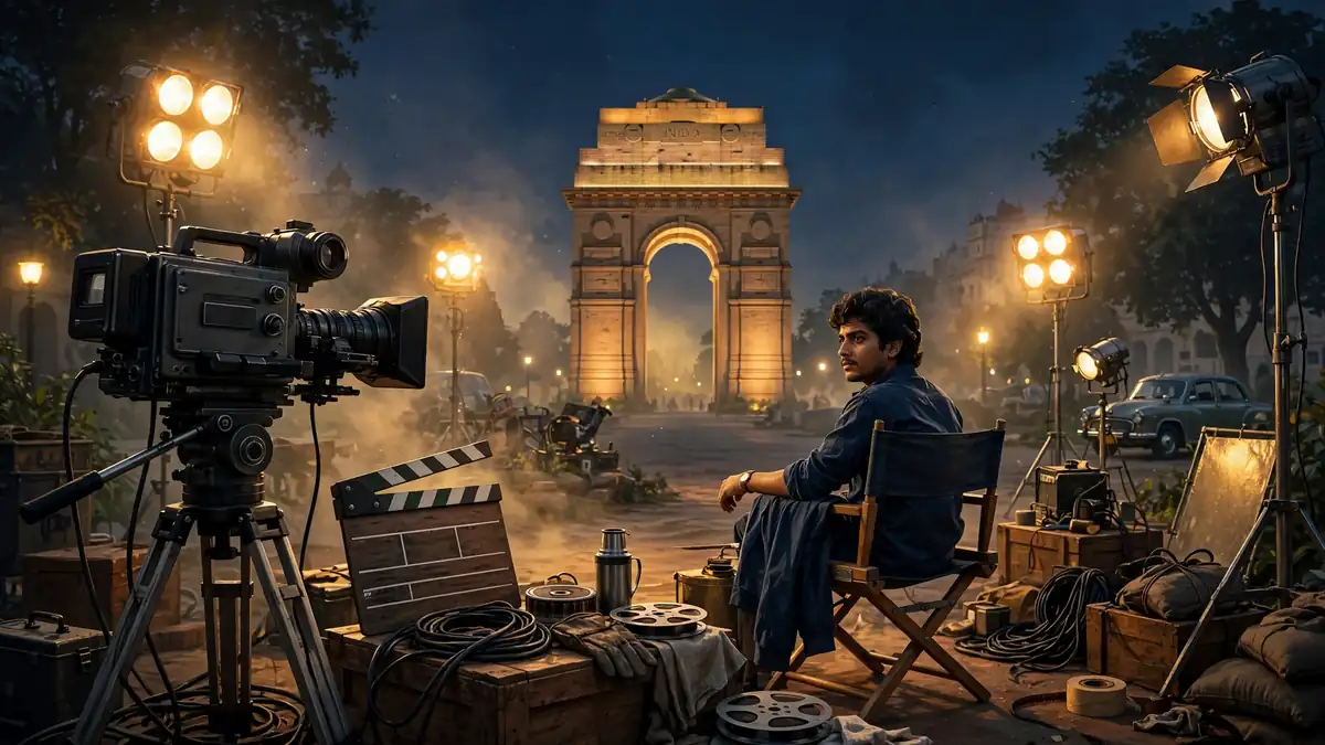 Illustrated 1980s Delhi film set at dusk evoking Shah Rukh Khan's early television years