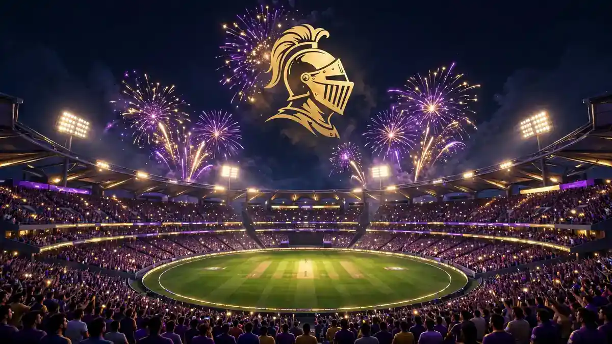 Illustrated night cricket stadium with knight-helmet motif evoking Shah Rukh Khan's Kolkata Knight Riders empire