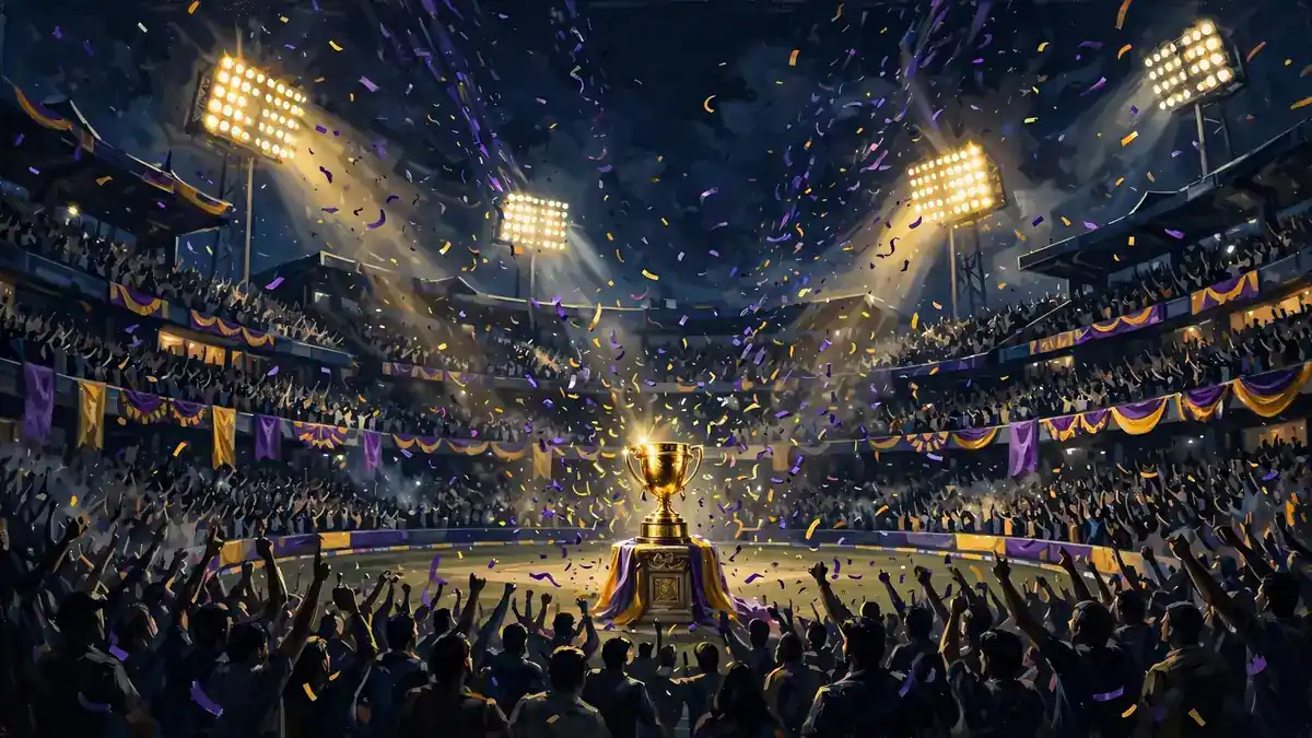 Illustrated night scene of a packed cricket stadium with a golden trophy, representing Shah Rukh Khan's Kolkata Knight Riders franchise