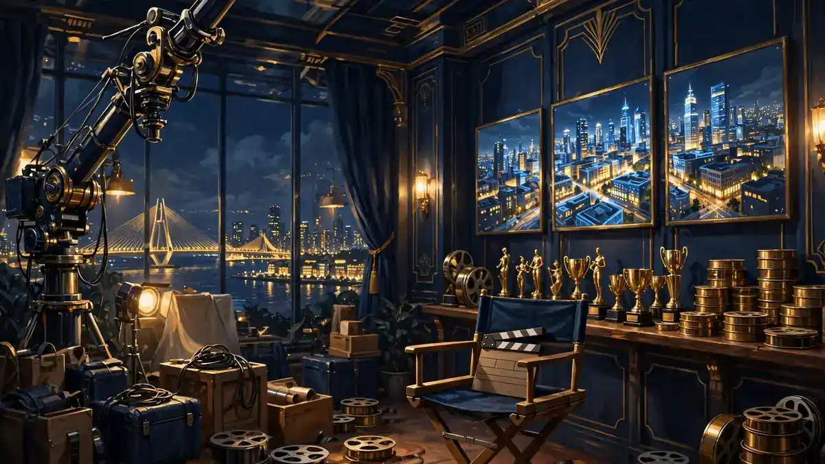 Illustrated film production studio at night with VFX screens and awards, representing Red Chillies Entertainment