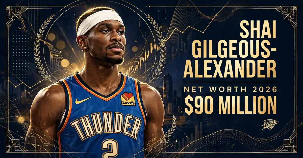 Shai Gilgeous-Alexander net worth 2026 — stylized illustrated portrait of the Thunder guard with SHAI GILGEOUS-ALEXANDER NET WORTH 2026 $90 MILLION text