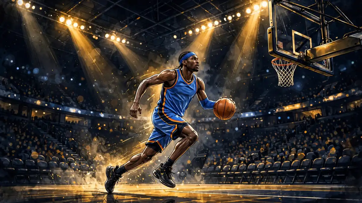 Illustrated basketball player in a blue Oklahoma City Thunder jersey driving to the basket under bright arena lights at night