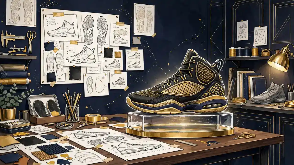Illustrated basketball sneaker design studio with a signature sneaker on display, sketches and gold accents on a dark navy background