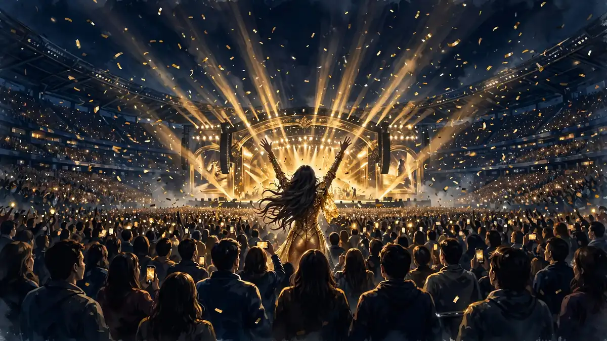 Illustration of Shakira's record-breaking Las Mujeres Ya No Lloran stadium tour, 2025–2026