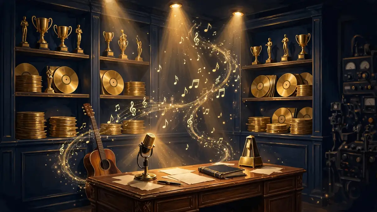 Illustration of a gold-lit recording studio and songwriter's desk representing Shakira's publishing royalties