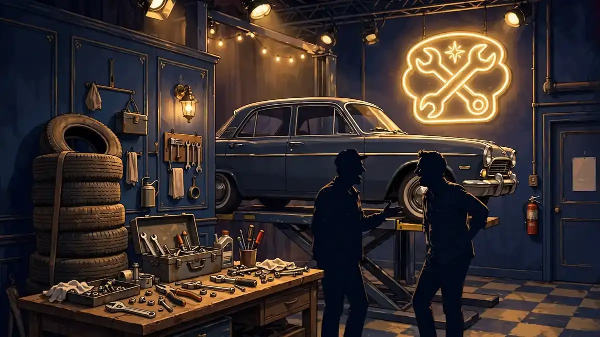 Illustration of the Tires auto-shop sitcom set, Shane Gillis's Netflix series