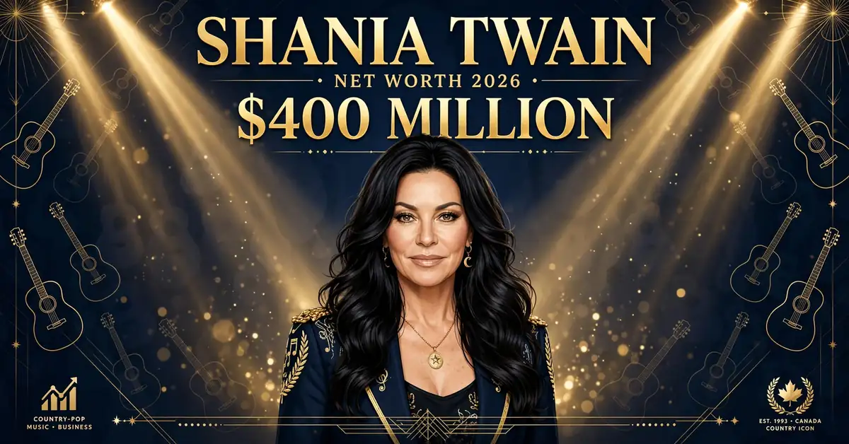 Shania Twain net worth 2026 — estimated $350 to $420 million fortune infographic