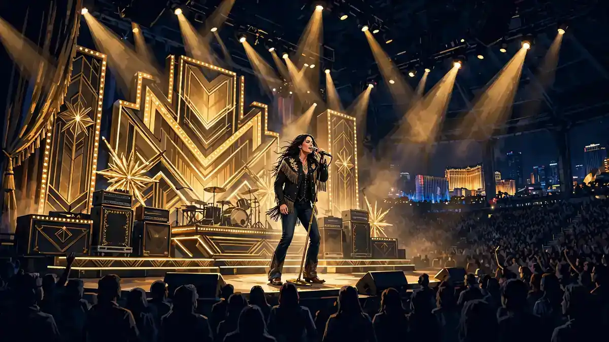 Illustrated Las Vegas residency concert stage with a country singer performing under golden spotlights — Shania Twain net worth 2026