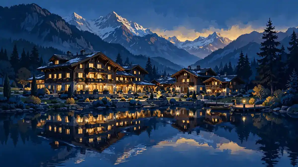 Illustrated Swiss chalet estate on a lake at dusk with alpine mountains — Shania Twain's Corseaux Switzerland home