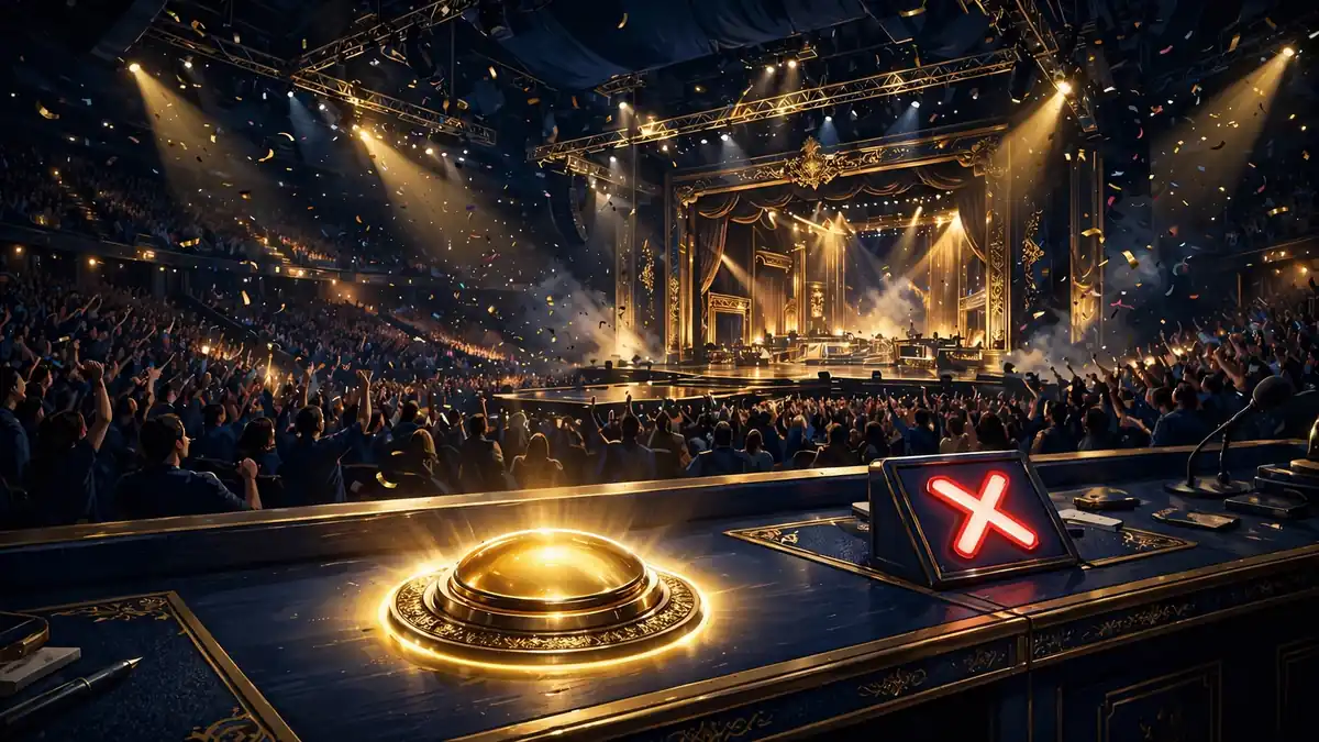 Illustration of the Got Talent judges' desk with a glowing golden buzzer, arena stage, and cheering crowd — Simon Cowell's format empire