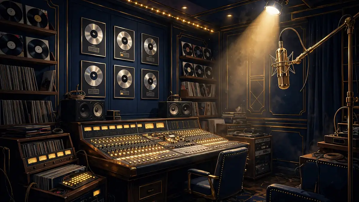 Illustration of a luxurious record label studio with mixing desk, vinyl records, and platinum award plaques — Simon Cowell's Syco music empire
