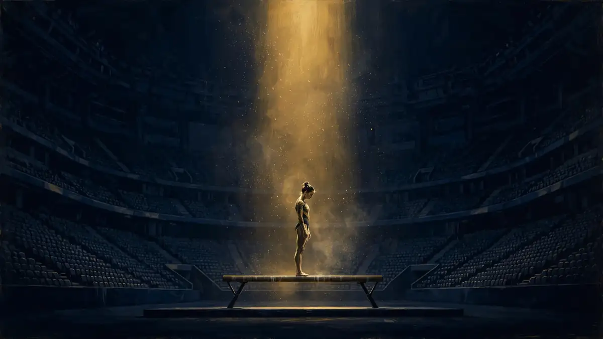 Illustrated gymnast alone on a balance beam in a dark Olympic arena under a single golden spotlight