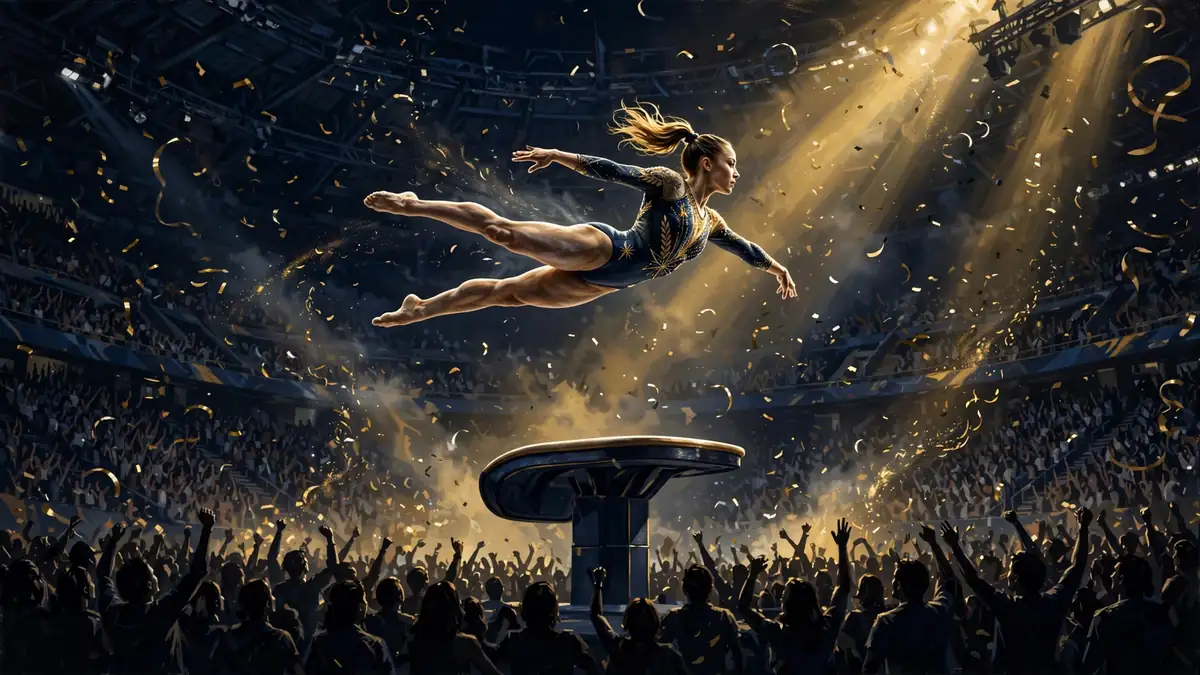 Illustrated gymnast soaring above the vaulting table in a packed golden-lit Olympic arena