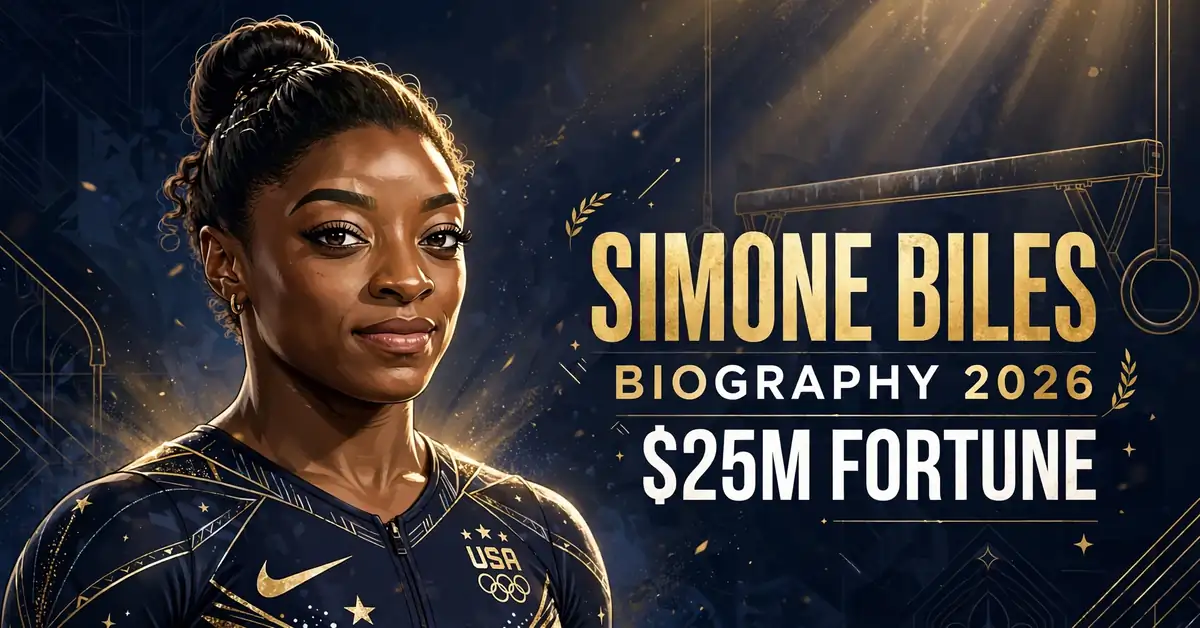 Simone Biles biography 2026 — illustrated portrait, estimated $25 million fortune