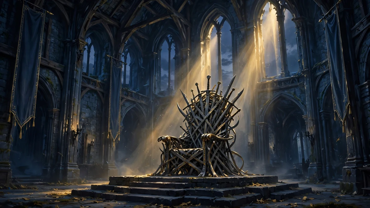 Illustrated medieval fantasy castle with an iron-style throne in navy and gold, evoking the world of Game of Thrones where Sophie Turner played Sansa Stark
