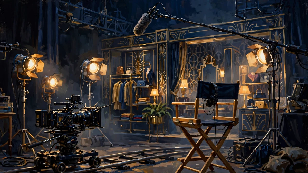 Illustrated modern television drama set with cameras, lighting rigs and a director's chair in navy and gold, representing Sophie Turner's post-Game of Thrones TV career