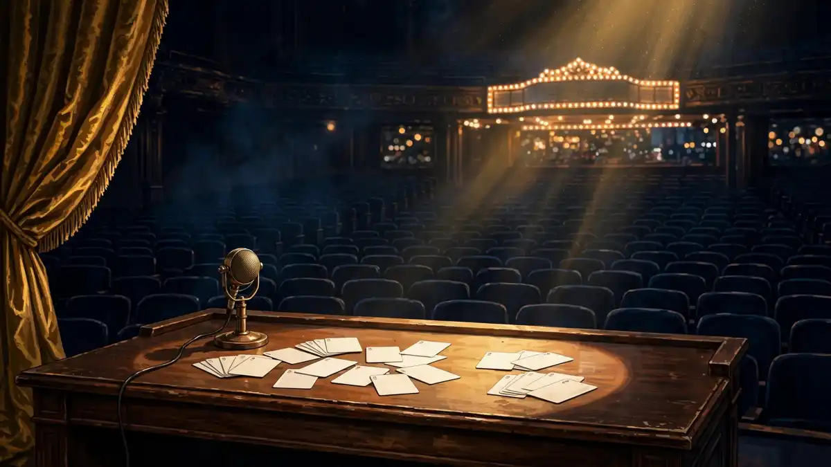 Empty late-night studio desk with vintage microphone, cue cards, and a spotlight — the Ed Sullivan Theatre after Stephen Colbert's final show