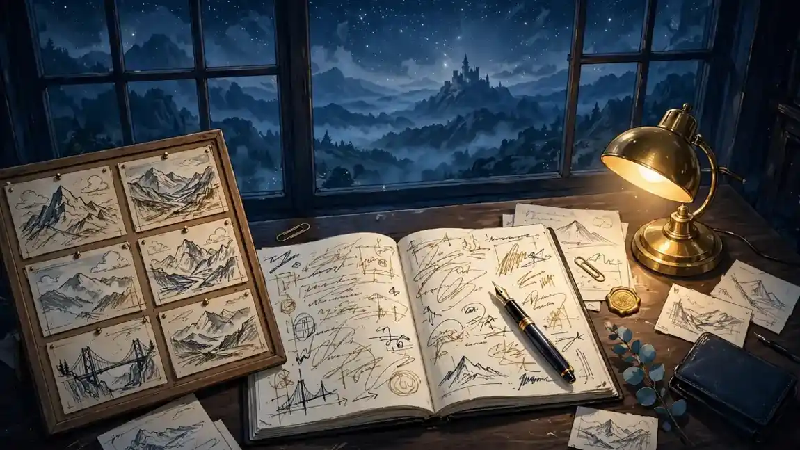 Screenwriter's desk at night with an open screenplay, storyboards of mountain landscapes, and a fantasy castle visible through the window — illustrating Stephen Colbert's Lord of the Rings writing work
