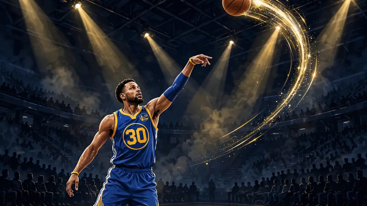 Illustrated scene of Stephen Curry in a Warriors number 30 jersey shooting a three-pointer in a packed arena at night