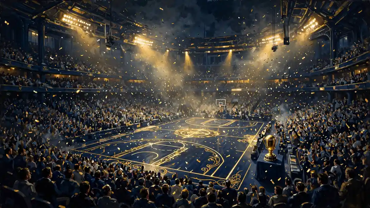 Stylized night-time basketball arena scene in navy and gold, celebrating a championship moment